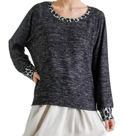Umgee Leopard Print Trimmed Top In Charcoal In Black