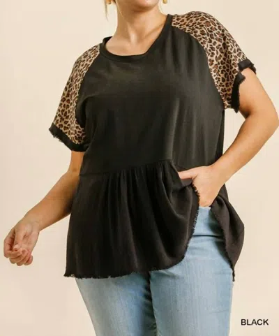 Umgee Leopard Sleeve Babydoll Top - Plus In Black