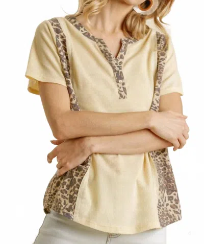 Umgee Leopard Trim Waffle Knit Top In Cream In Multi