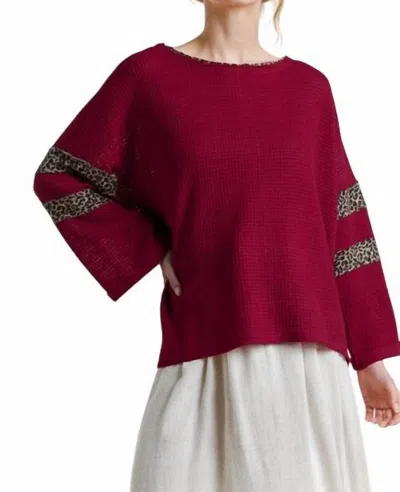 Umgee Leopard Trim Waffle Knit Top In Jester Red