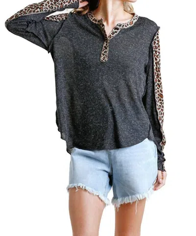 Umgee Leopard Trimmed Top In Charcoal In Gray