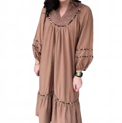Umgee Lined Midi Dress With Bishop Sleeves In Brown
