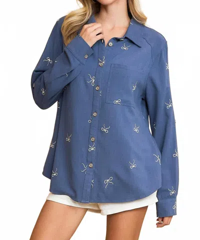 Umgee Linen Blend Embroidered Bow Button-down Shirt In Denim In Blue