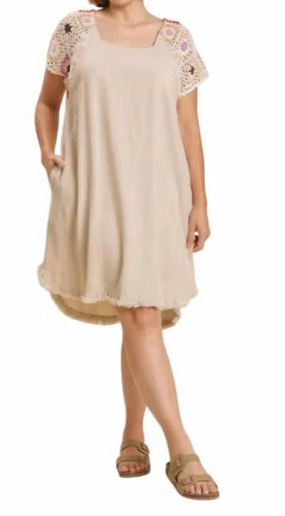 Umgee Linen Blend Short Crochet Sleeve Dress In Oatmeal In White