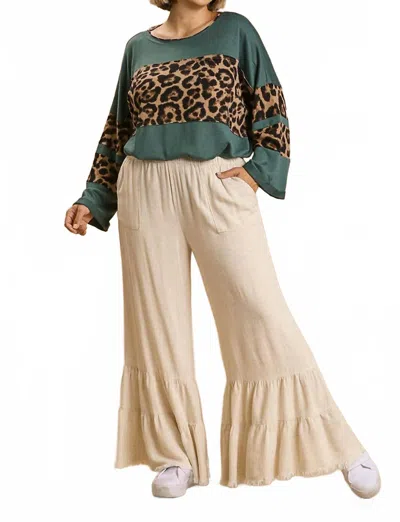 Umgee Linen Blend Wide Ruffle Leg Pants - Plus In Oatmeal In Neutral