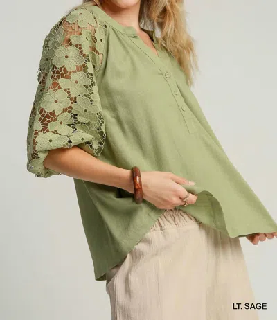 Umgee Linen Boxy Cut Split Neck Top With Floral Lace In Light Sage In Multi