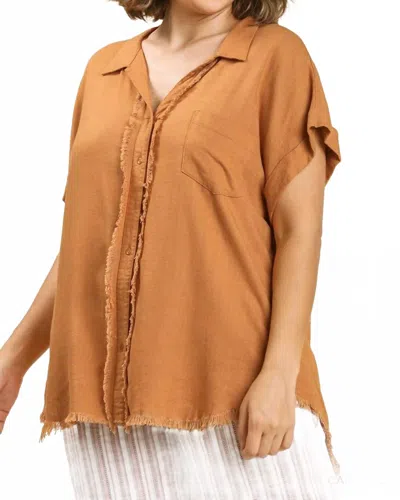 Umgee Linen Button Front Fray Hem Top - Plus In Caramel In Orange