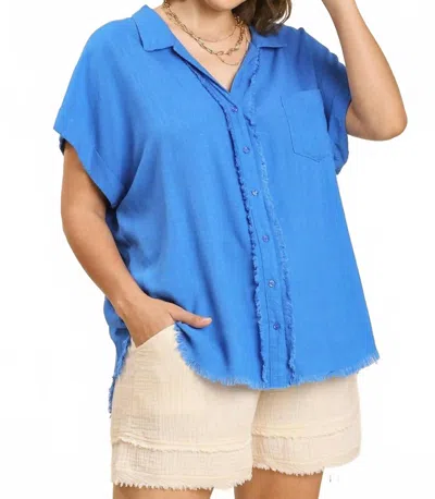 Umgee Linen Button Front Fray Hem Top - Plus In French Blue