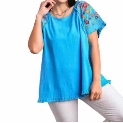 Umgee Linen Plus Top With Embroidered Sleeves In Aqua In Blue
