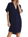 Umgee Linen V-neck Collared Dress In Navy In Black