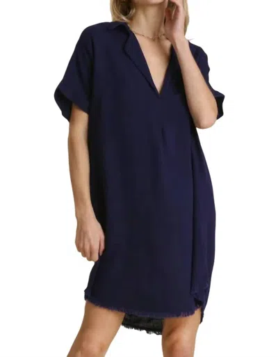 Umgee Linen V-neck Collared Dress In Navy In Black