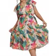 Umgee Lining Leaves Print Tiered Midi Dress In Multi
