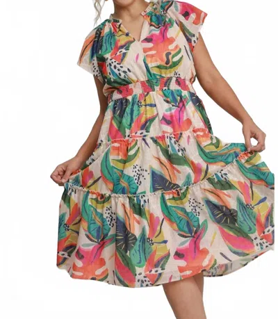 Umgee Lining Leaves Print Tiered Midi Dress In Multi