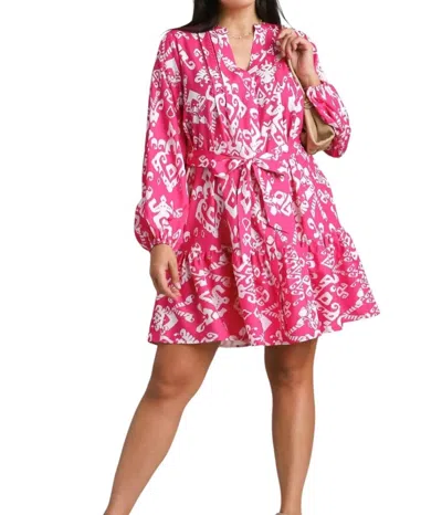 Umgee Long Sleeve Aztec Pattern Mini Dress In Magenta In Pink