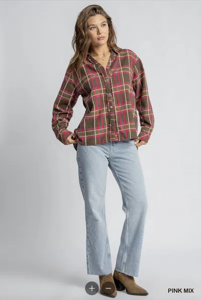 Umgee Long Sleeve Plaid Button Down Shirt In Pink In Multi