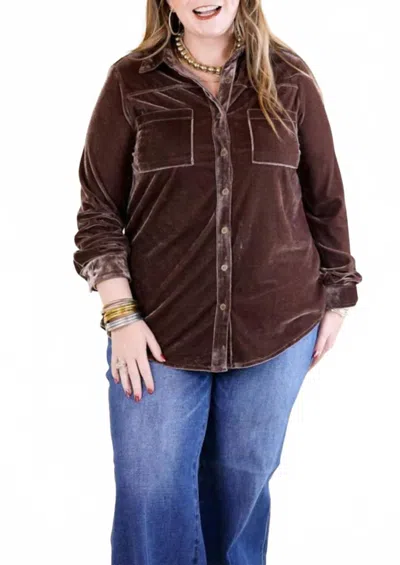 UMGEE LONG SLEEVE VELVET BUTTON UP TOP (PLUS SIZE) IN ALMOND