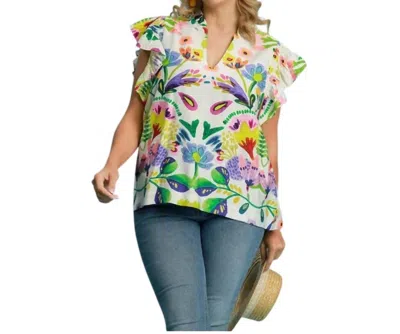 Umgee Lucky In Love V-neck Top - Plus Size In Green Mix In Multi