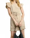 Umgee Luxeknit Ruffle Sleeve Drawstring Mini Dress In Latte In Brown