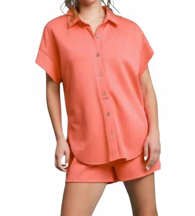 Umgee Luxeknit Short Sleeve Button Up Romper In Salmon In Pink