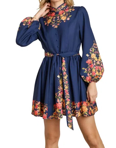 Umgee Mandarin Collar Floral Dress In Navy