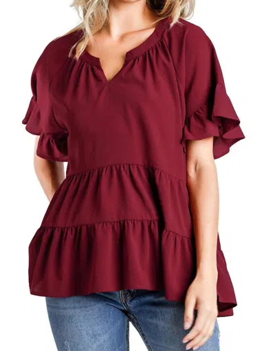 Umgee Mandarin Tiered Ruffle Top In Burgundy In White