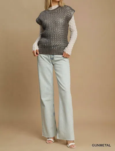 Umgee Metallic Short Sleeve Sweater In Grey In Multi
