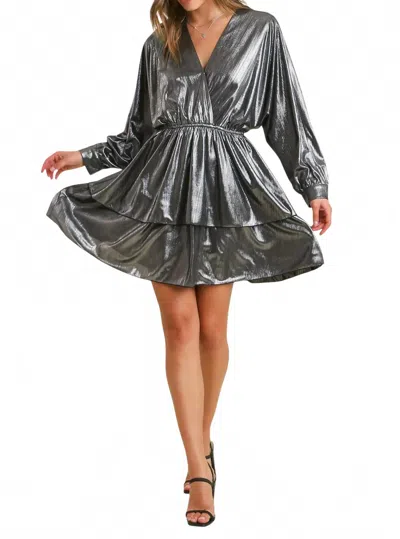 Umgee Metallic Surplice Neckline Tiered Dress In Grey