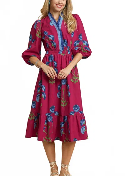 Umgee Midi Dress With Ruffle Trim And Elastic Waist In Floral In Red