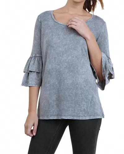Umgee Mineral Washed Layered Ruffled Bell Sleeve Top In Cool Grey In Gray
