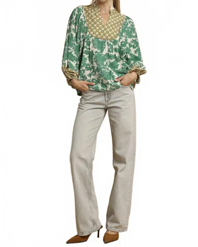 Umgee Mix Fabric Yoke Top In Green Mix In Multi