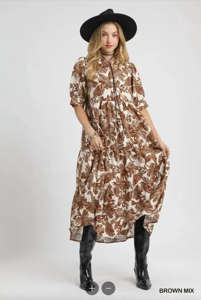 Umgee Mix Midi Fall Dress In Brown Mix In Multi