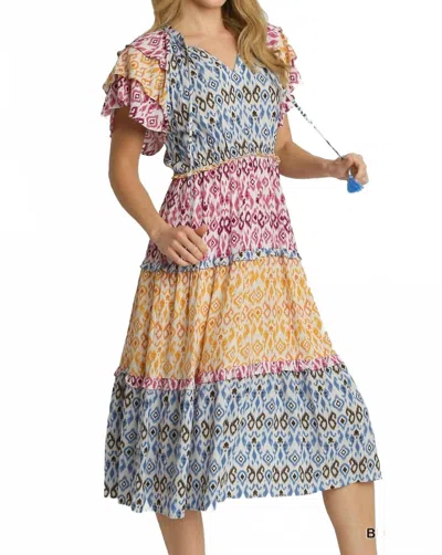 Umgee Mixed Aztec Print With Tassel Front Tie & Ruffle Sleeves Midi Dress In Multi