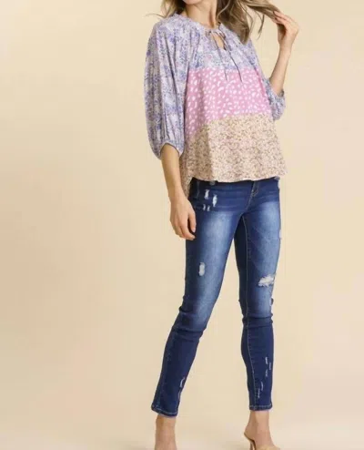 Umgee Mixed Colorblock Print Top In Lavender
