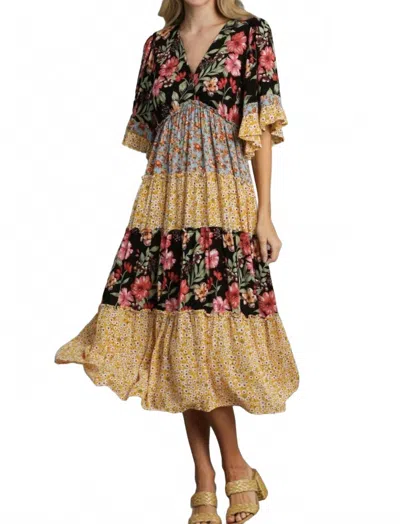 Umgee Mixed Floral Print Bohemian Midi Dress In Black In White