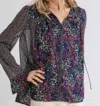 Umgee Mixed Floral Print Metallic Blouse In Navy Mix