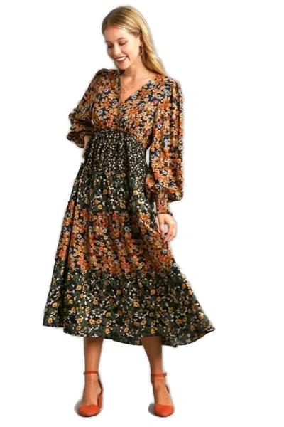 Umgee Mixed Floral Print Midi Dress In Black Mix In Brown