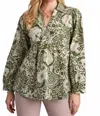 Umgee Mixed Print Babydoll V-notched Top In Olive In Green