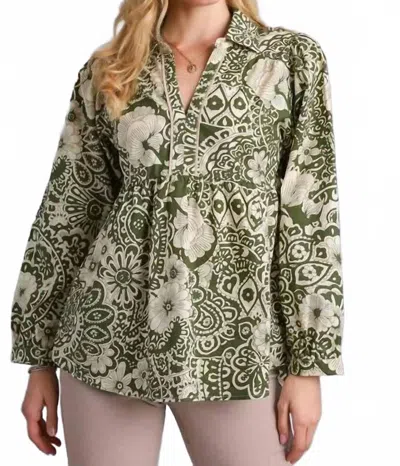 Umgee Mixed Print Babydoll V-notched Top In Olive In Green