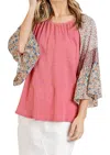 Umgee Mixed Print Bell Sleeve Top In Rose In Pink