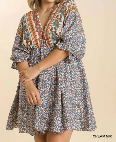 Umgee Mixed Print Bohemian Dress - Plus In Cream In Multi