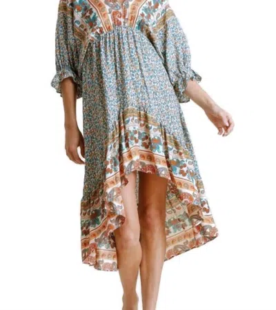 Umgee Mixed Print Bohemian Midi Dress In Cream Mix In Blue