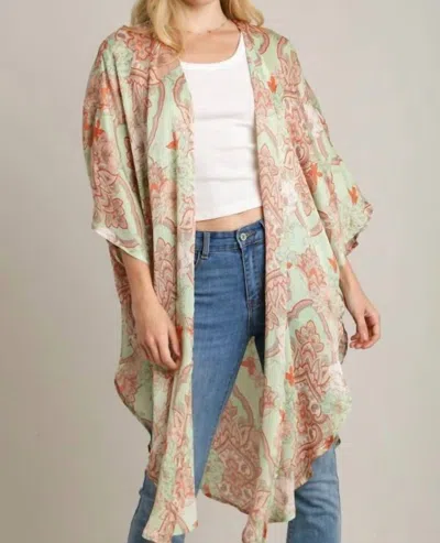 Umgee Mixed Print Open Front Kimono In Pistachio In White