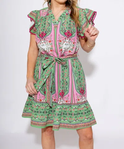Umgee Mixed Print Ruffle Sleeve Dress In Multi In Green