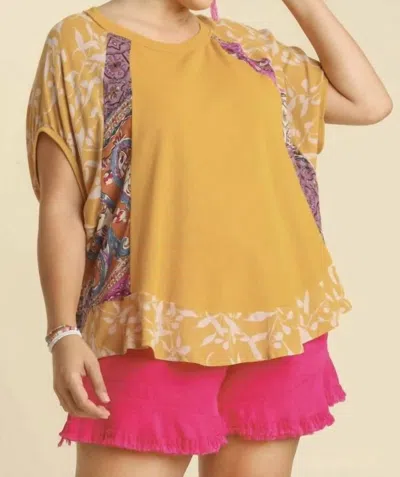 Umgee Mixed Print Short Sleeve Top In Goldenrod In Yellow