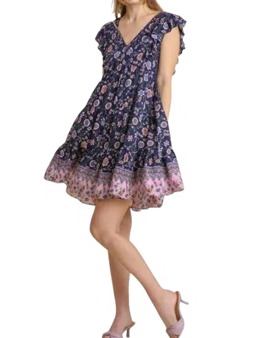 Umgee Mixed Print Tiered Dress In Midnight Blue, Pink, Purple, White & Green