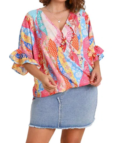 Umgee Mixed Print Top With Ruffle Sleeves Plus Size In Coral Mix Plus In Red