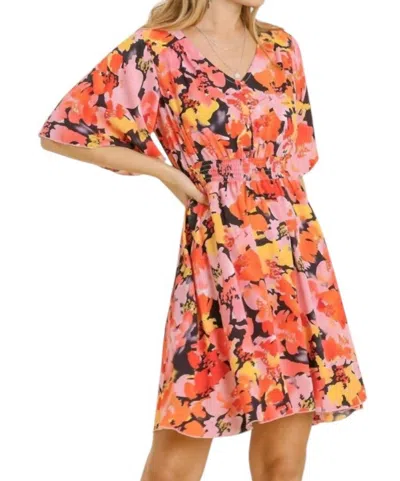 Umgee Mixed Print V-neck With Ruffle Sleeves Dress In Orange In Multi