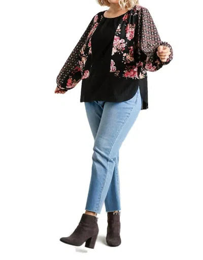 Umgee Mixed Print Waffle Knit Top - Plus In Black