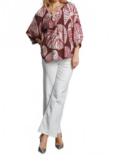 Umgee Monstera Floral Split Neck Blouse In Mauve In Multi