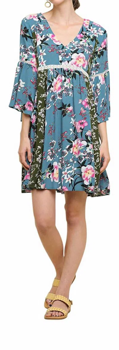 Umgee Multi Floral Bell Sleeve Mini Dress In Dusty Mint